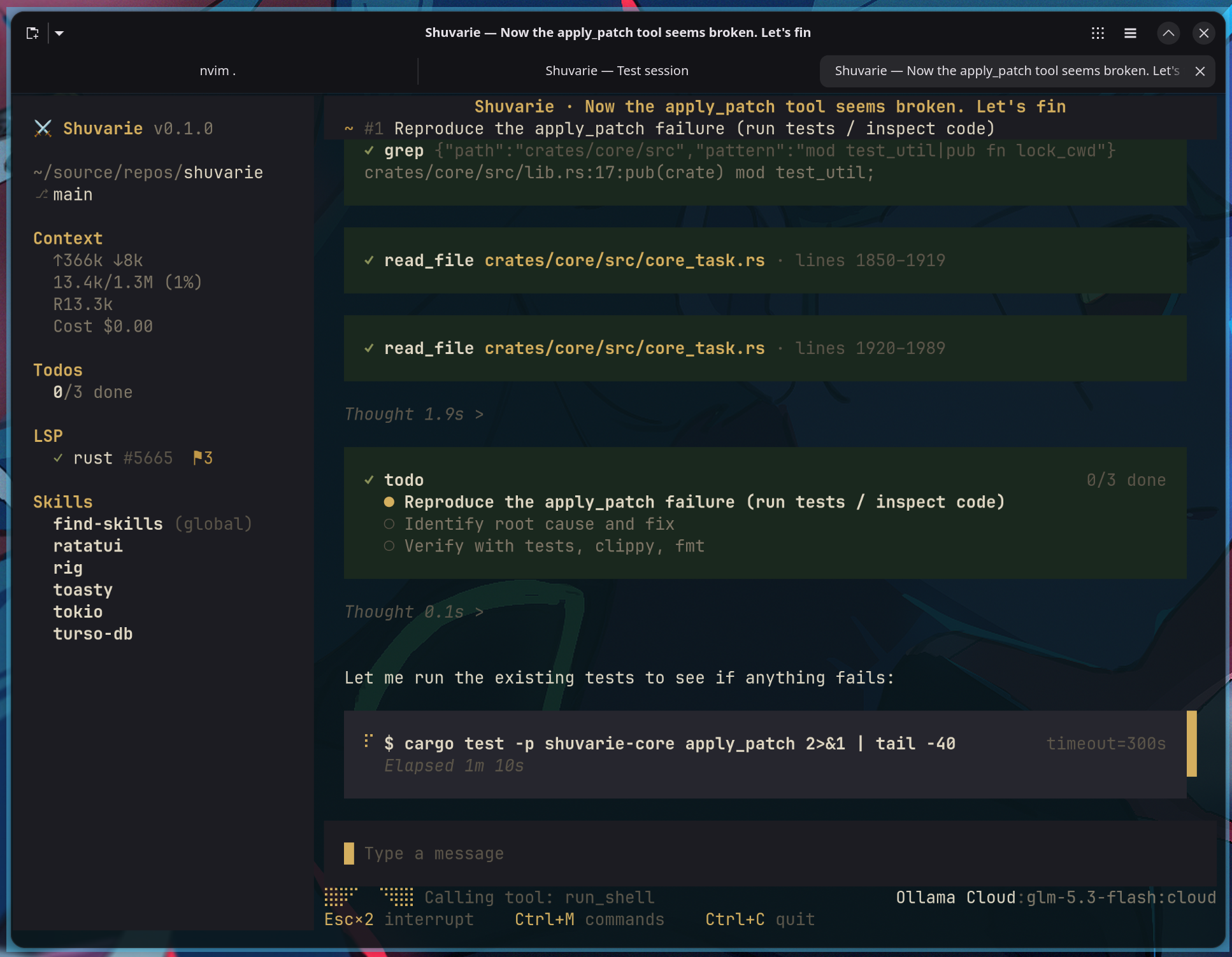 Shuvarie — an agentic coding session in the terminal
